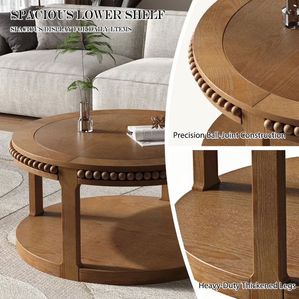 31.5'' Round Coffee Table, 2-Tier Modern Rustic Wood Circle Coffee Table for Living Room, Easy Assembly, Walnut