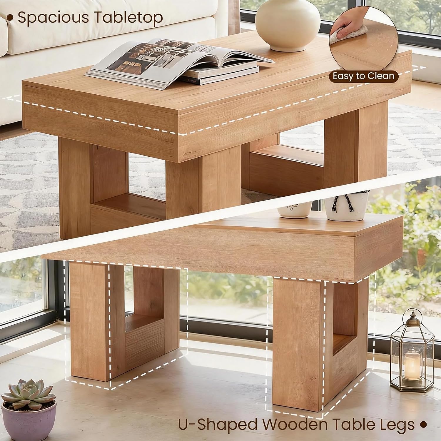 EROMMY 39' Minimalist Farmhouse Coffee Table for Living Room, Wooden Rectangular Accent Center Tables with Thick Tabletop, Rustic Modern Low Cocktail Tea Furniture with Thick U-Shaped Base (Natural)