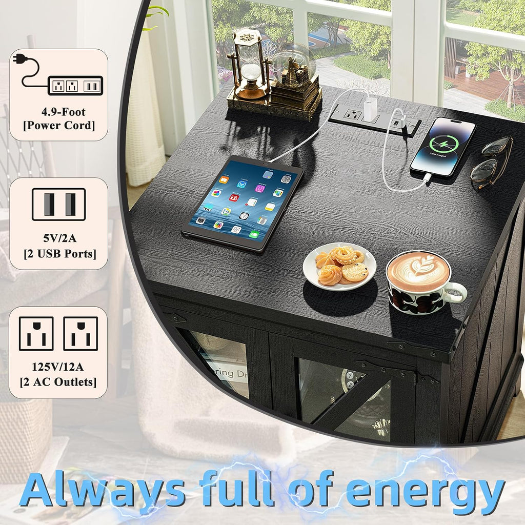 Farmhouse End Table Set of 2,24' Large Sofa Side Table with Charging Station Glass Barn Door,Wood Nightstand with Adjustable Storage Shelf,Square Bedside Table for Living Room,Bedroom,Office-Black