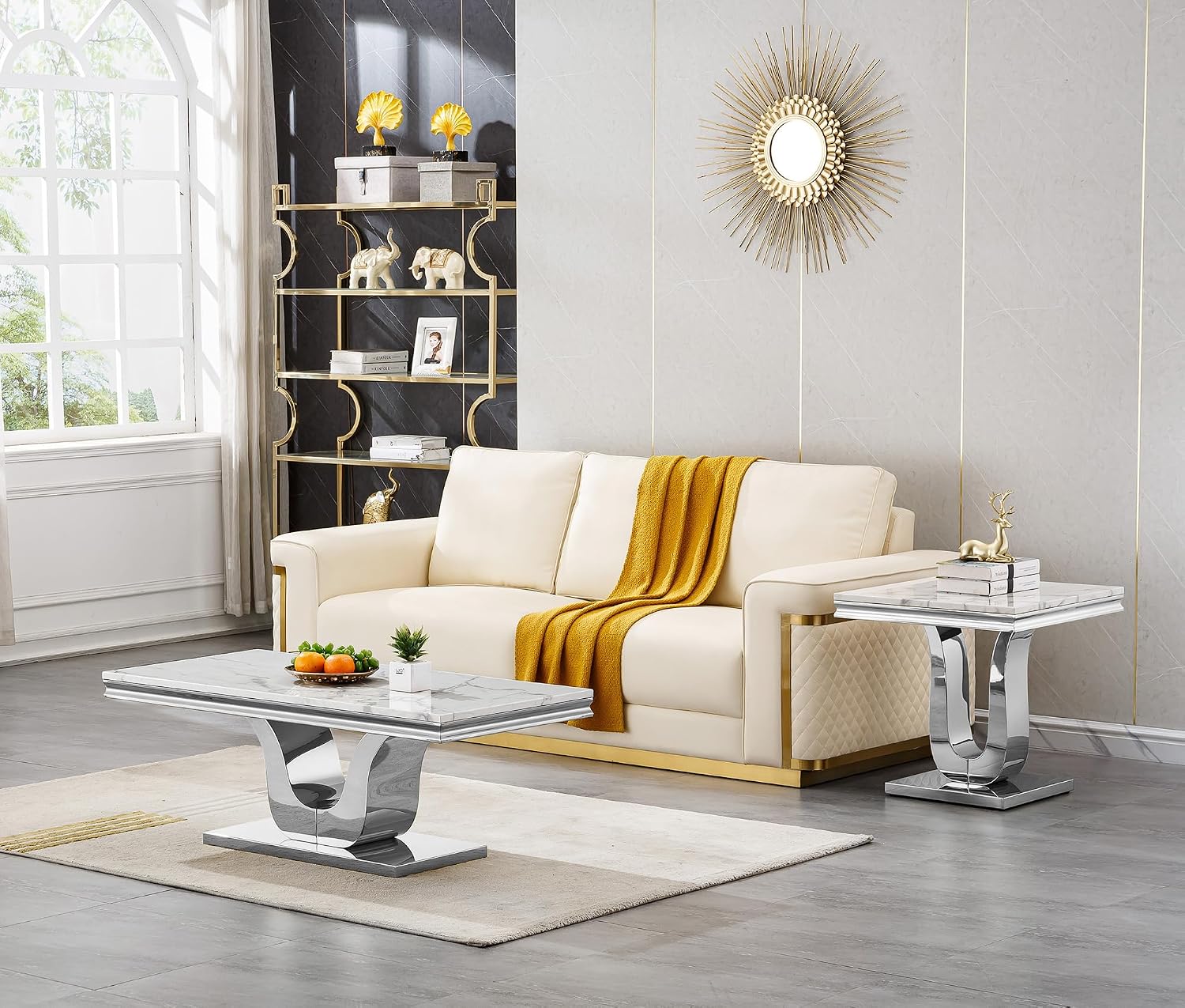 3 Pieces Coffee Table Set, Faux Marble Living Room Table Set of 3, Modern Coffee Table and 2 End Tables with U-Shaped Stainless Steel Base for Living Room (White Silver)
