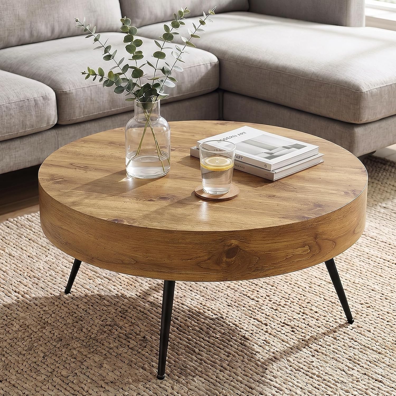 Round Coffee Table, Small Wood Coffee Table with Storage, Modern Mid Century Circle Tables Accent Center Tables for Living Room Apartment Small Space (31.5''D-Brown)
