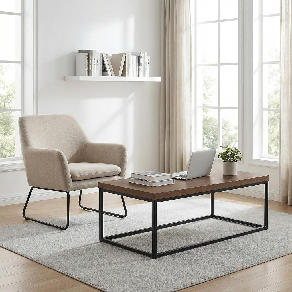 CENSI 47-Inch Dark Walnut Coffee Table for Living Room, Modern Industrial, Rectangular Wood and Metal Center Table with Extra Thick Tabletop (Dark Brown)