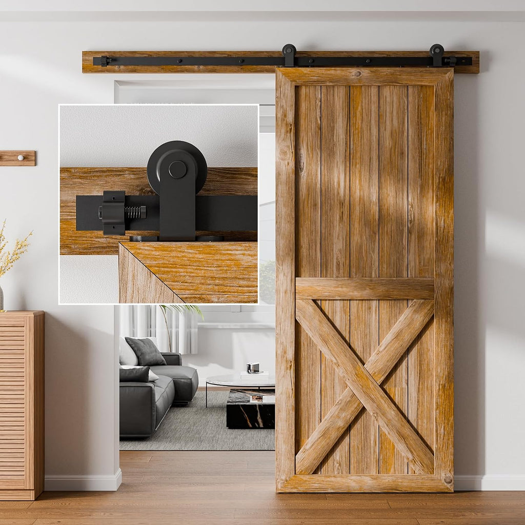 14FT Sliding Barn Door Hardware Kit for Single Door Easy to Install Smoothly and Quietly Barn Door Track Fit 84' Wide and 1 3/8' - 2' Thickness Single Wood Door Black (T Shape)