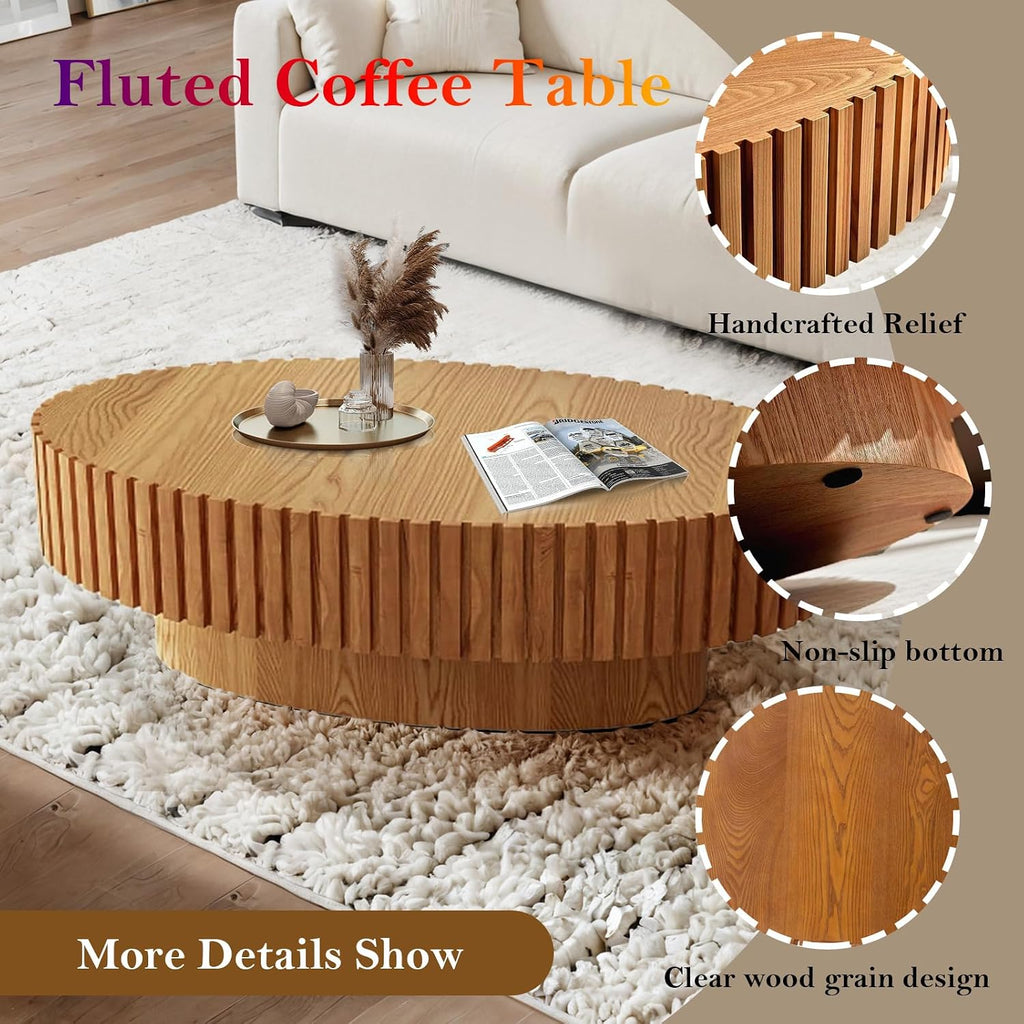 Handcraft Fluted Coffee Table 43.3' Oval Drum Center Tables with Sturdy Pedestal Easy to Assembly for Living Room Apartment Farmhouse (Oval Wood 43.3in)