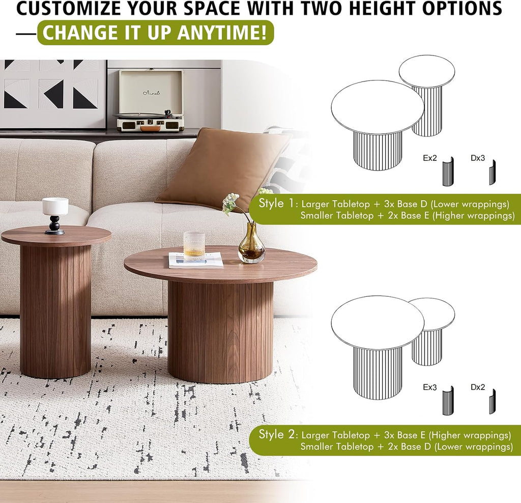 Round Coffee Tables Set of 2, Circle Modern Small Wood Side Table with Fluted Style Drum Base for Living Room Bedroom Balcony Office, Walnut