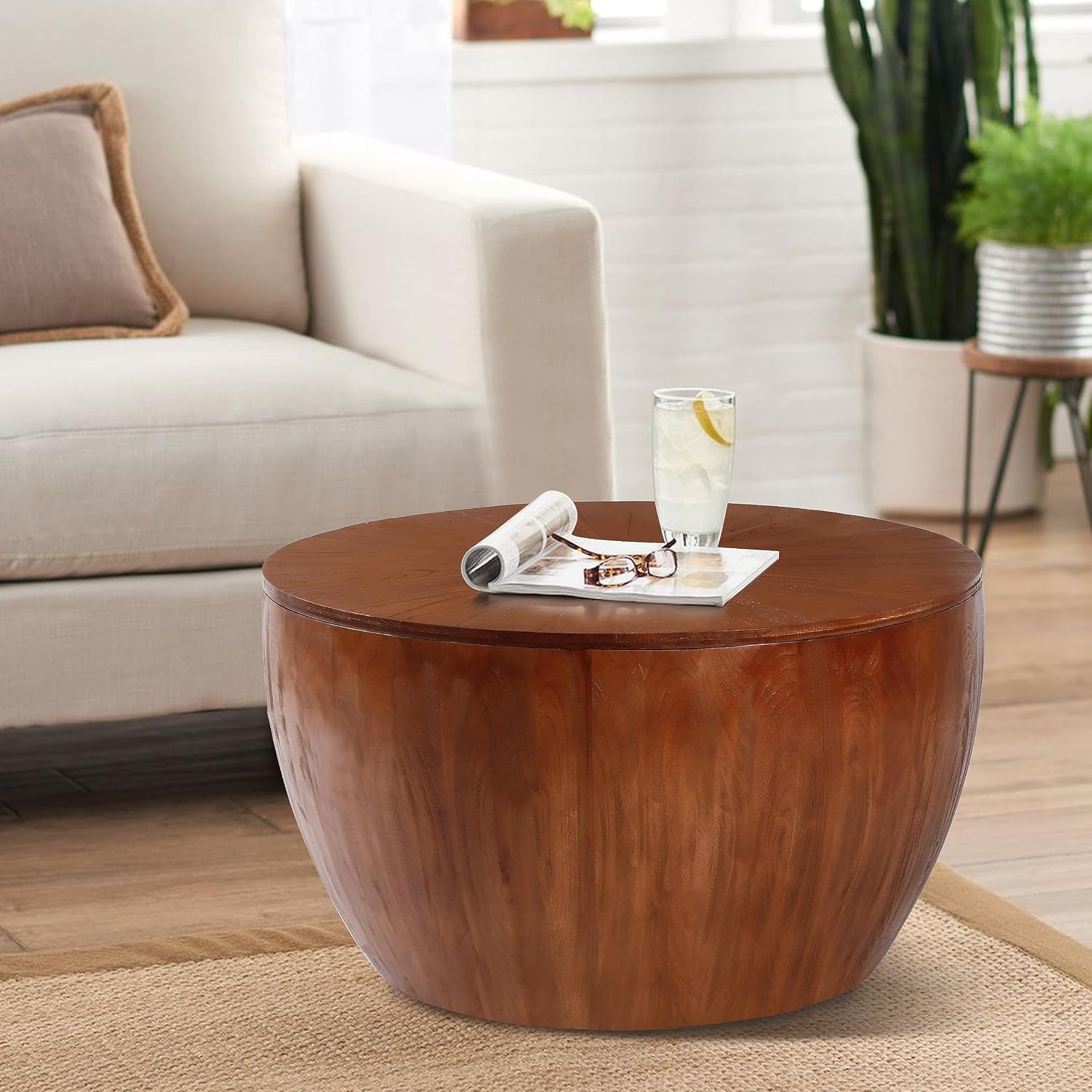 31.50' Vintage Style Bucket Shaped Coffee Table, Drum Coffee Table for Office, Dining Room and Living Room, Brown