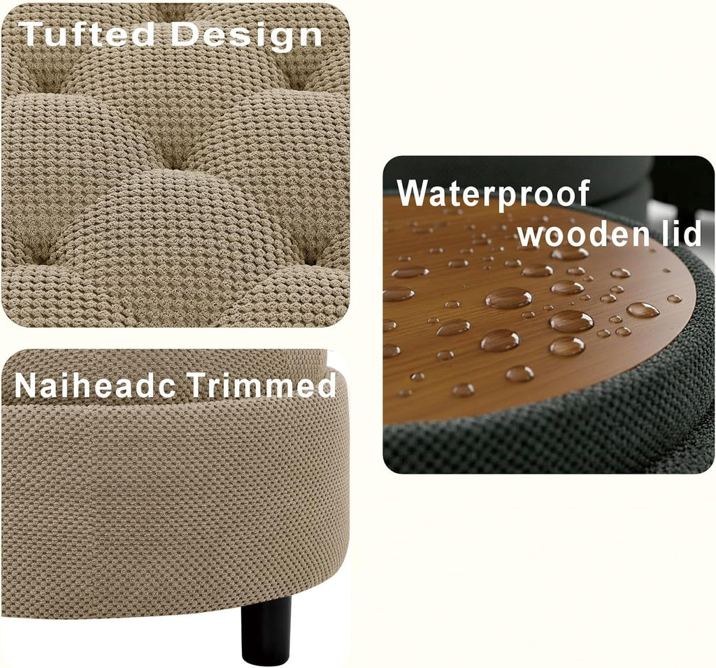 Round Storage Ottoman with Reversible Tray Lid, 25' Upholstered Button Tufted Coffee Table with Storage Foot Rest Stool for Living Room, Bedroom, Entryway, Camel