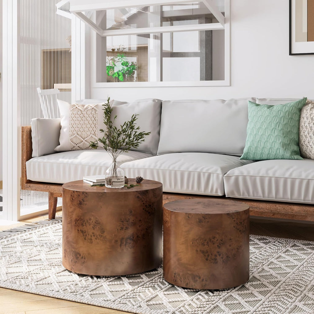 Round Nesting Coffee Table Set of 2 for Living Room Burl Wood Coffee Table Side Tables End Tables Set Modern Circle Center Tables, No Need Assembly (Burl Wood-Walnut)
