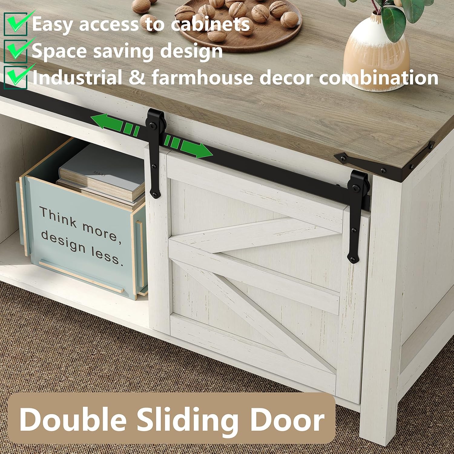 Furnihold 47.3''Lift Top Coffee Table, Farmhouse Center Table with Large Storage & Sliding Barn Doors, Modern Rectangular White Cocktail Table for Living Room, Grey Top