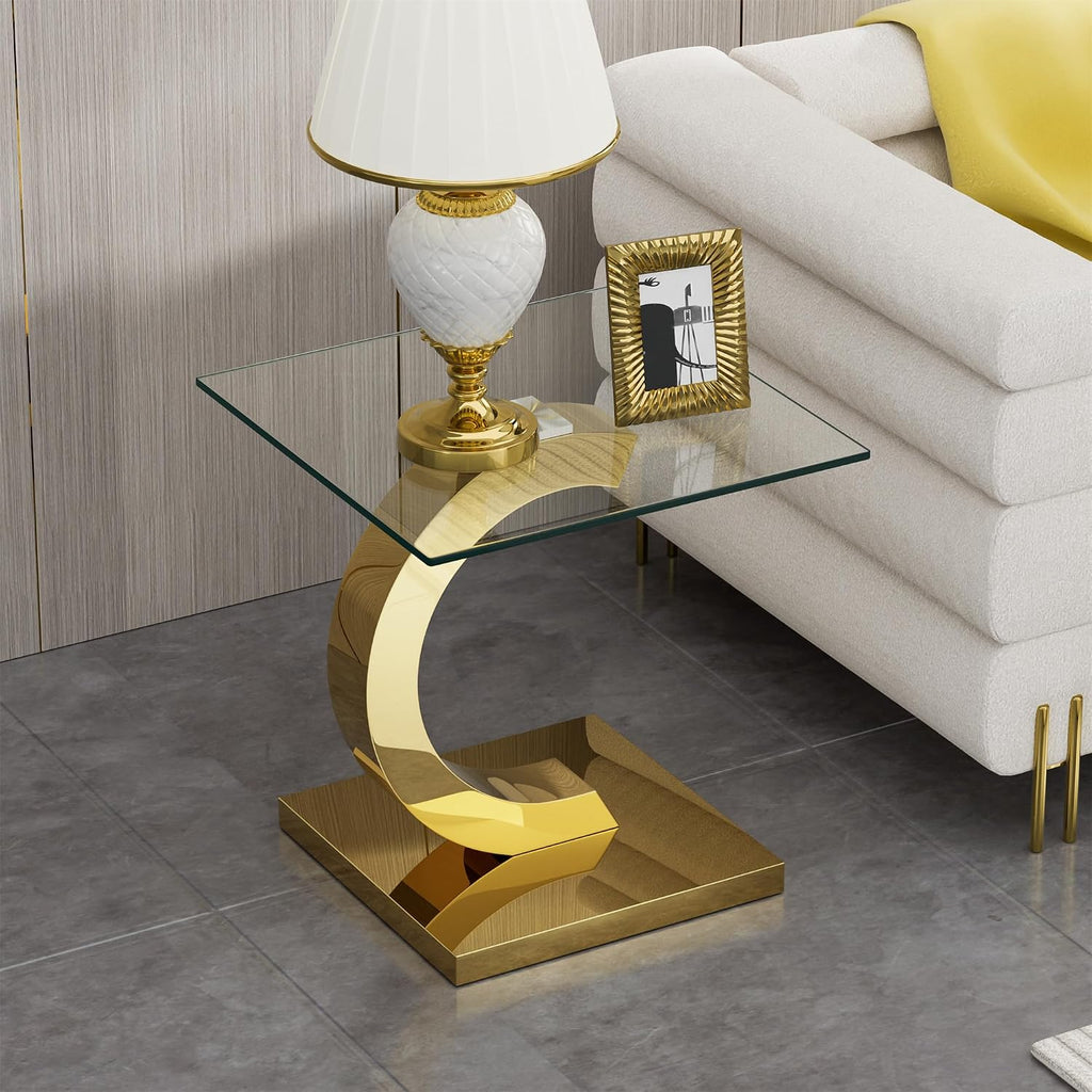 SSLine 1 Piece Living Room End Table Luxury Glass Side Table, Modern Gold End Table with C-Shape Stainless Steel Pedestal Base for Living Room Bedroom Office (1 End Table)