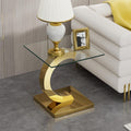 SSLine 1 Piece Living Room End Table Luxury Glass Side Table, Modern Gold End Table with C-Shape Stainless Steel Pedestal Base for Living Room Bedroom Office (1 End Table)