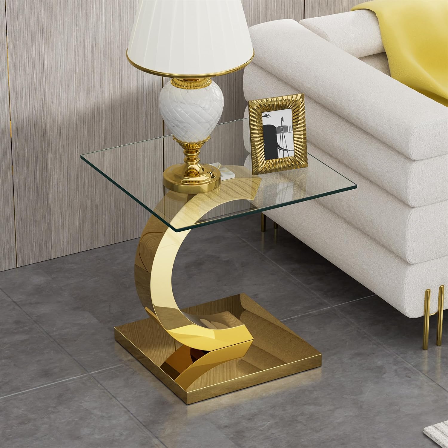 SSLine 1 Piece Living Room End Table Luxury Glass Side Table, Modern Gold End Table with C-Shape Stainless Steel Pedestal Base for Living Room Bedroom Office (1 End Table)