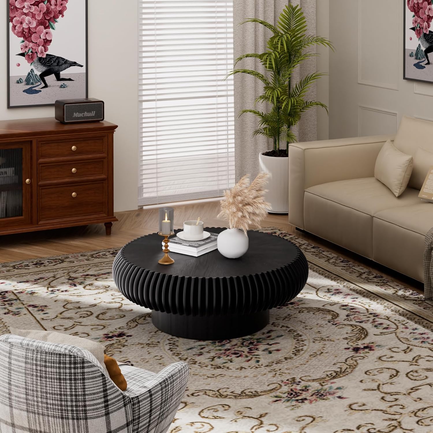 JHKZUDG Round Fluted Coffee Table 31.5'' Wood Drum Coffee Tables Contemporary Circle Accent Center Table Mid Century Side Table for Living Room, Small Space, Apartment (Black, 31.5' Coffee Table)