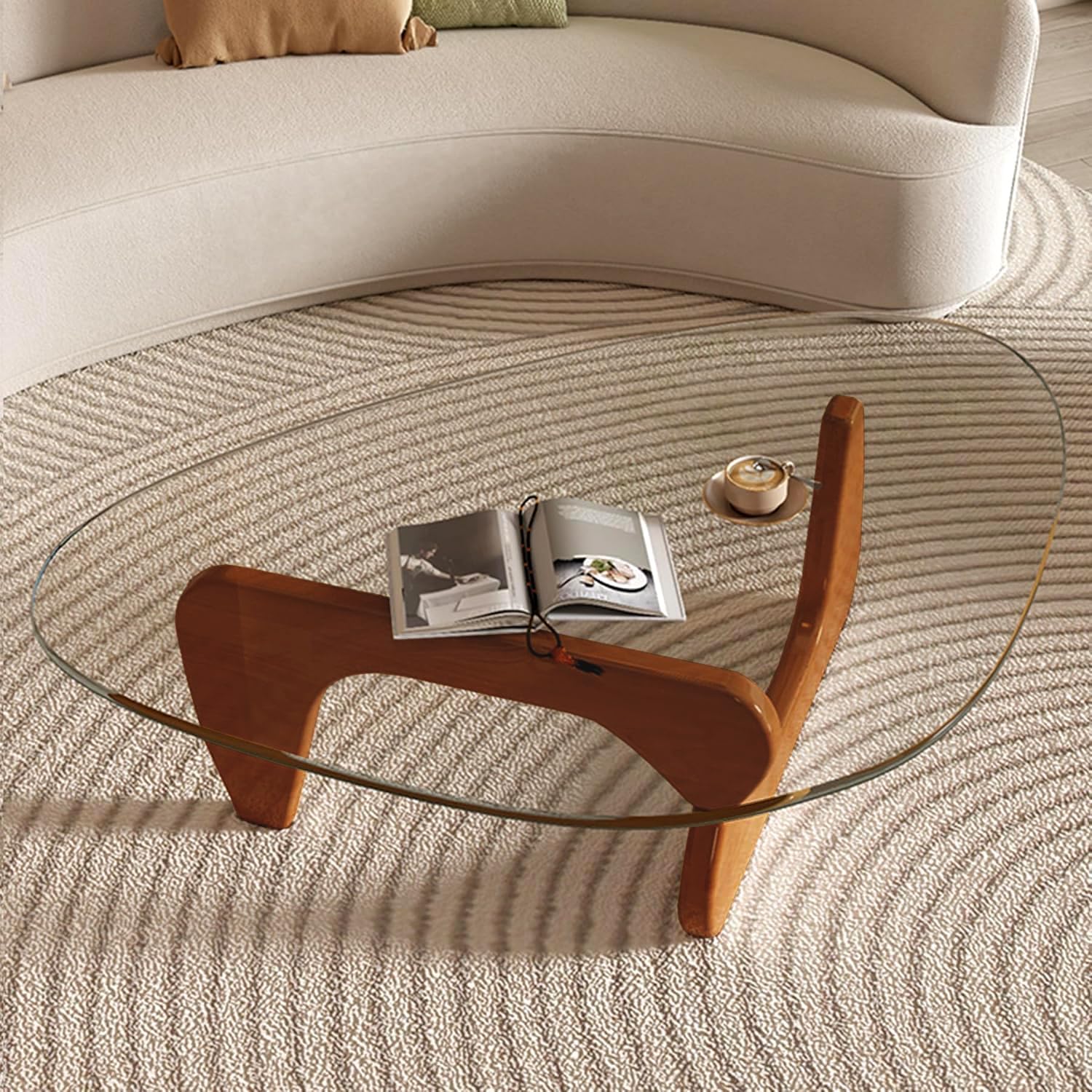 Modern Glass Coffee Table for Living Room, Mid Century Coffee Table, Small Coffee Tables, Suitable for Bedroom Living Room Reception Office Tables (Walnut/Transparent, Medium)