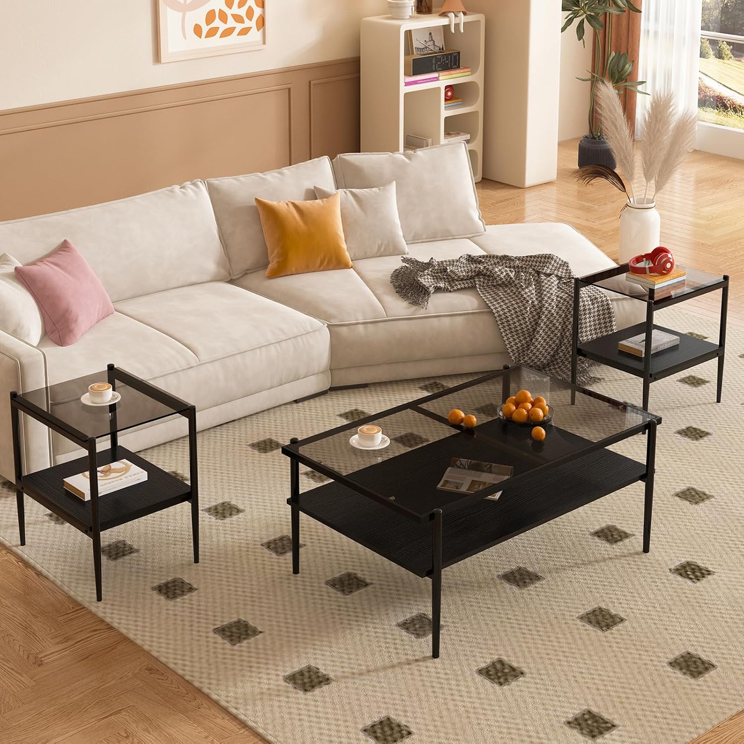 ODUSE-DAILY Coffee Table and End Table 3 Piece Living Room Set, Black Metal Frame Glass Top End Tables, Square Top Shelf, Sofa or Couch Side Tables, Mesa de Centro para Sala (3 Pcs)