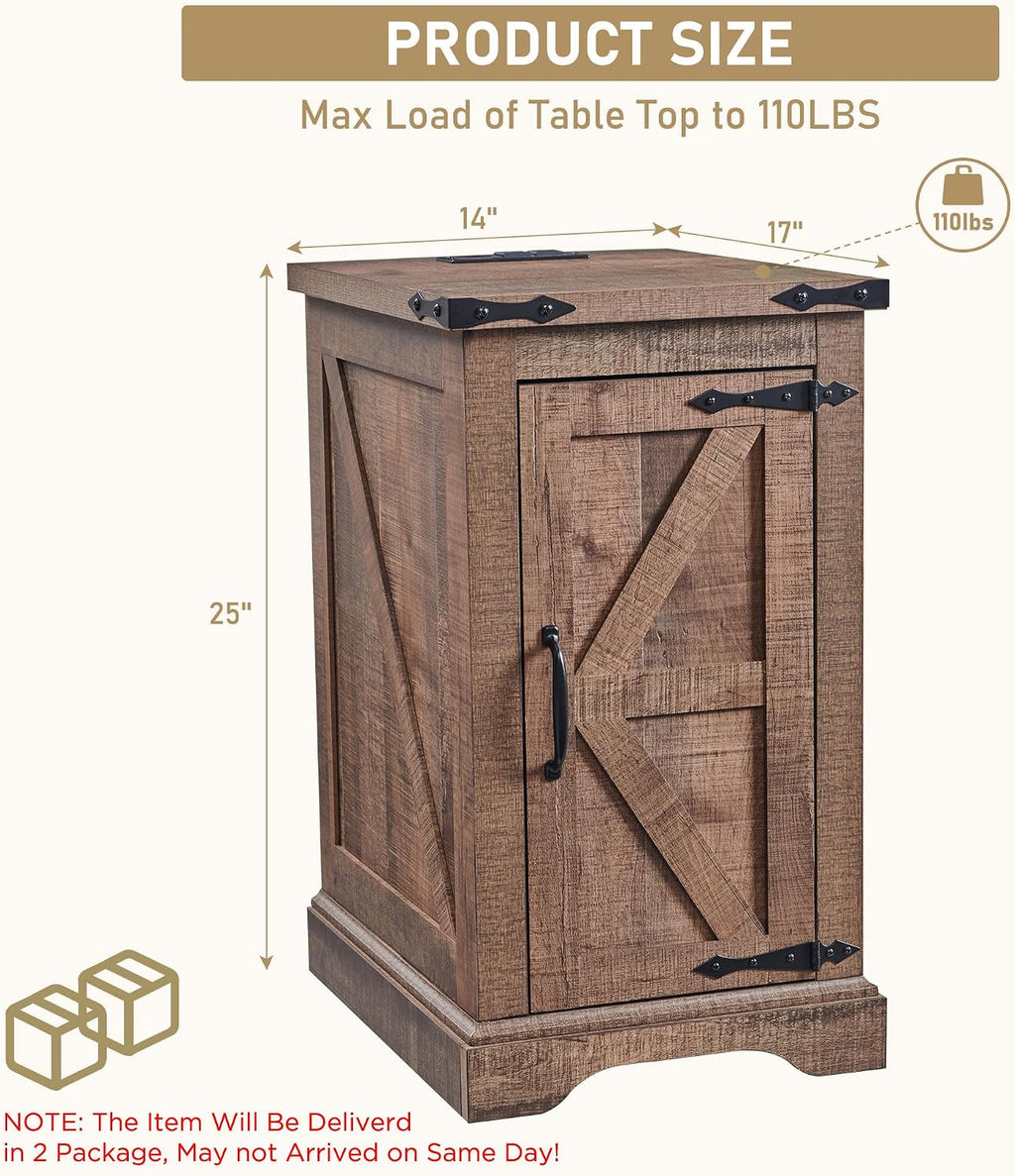JXQTLINGMU Farmhouse Nightstand Set of 2 with Charging Station, 17'D Rectangular End Table with Barn Door & Adjustable Storage Shelf, Wood Rustic Sofa Side Table for Living Room, Bedroom, Light Brown