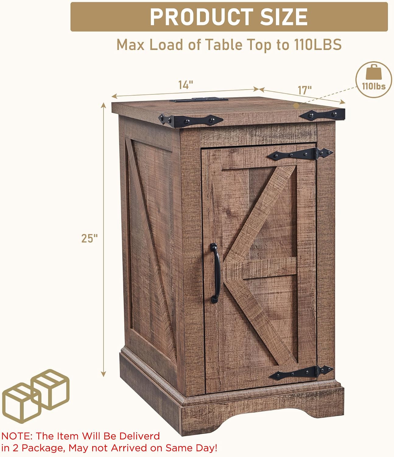 JXQTLINGMU Farmhouse Nightstand Set of 2 with Charging Station, 17'D Rectangular End Table with Barn Door & Adjustable Storage Shelf, Wood Rustic Sofa Side Table for Living Room, Bedroom, Light Brown