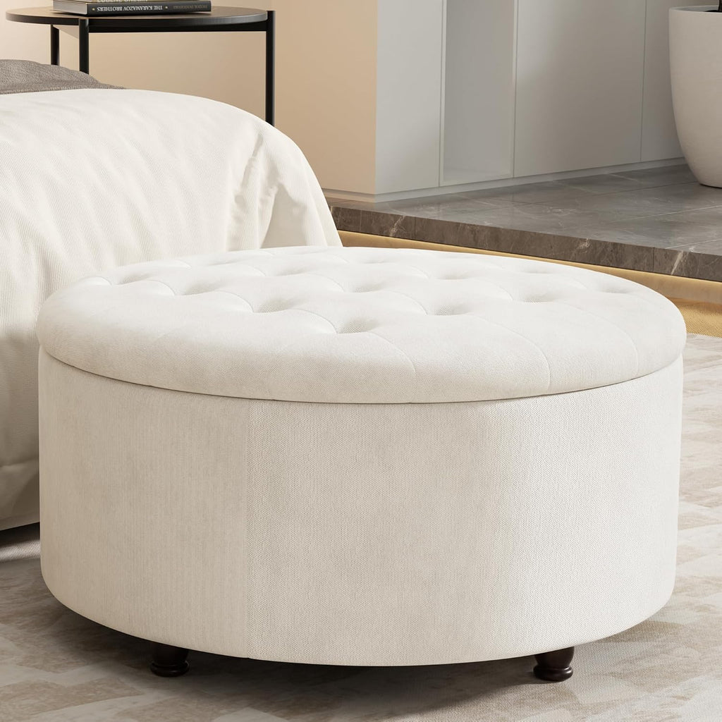 30 Inch Round Storage Ottoman,Modern Tufted Ottomans,Circular Coffee Table with Removable Top,Upholstered Large Ottoman with Storage Footrest Stool for Bedroom Living Room (White)