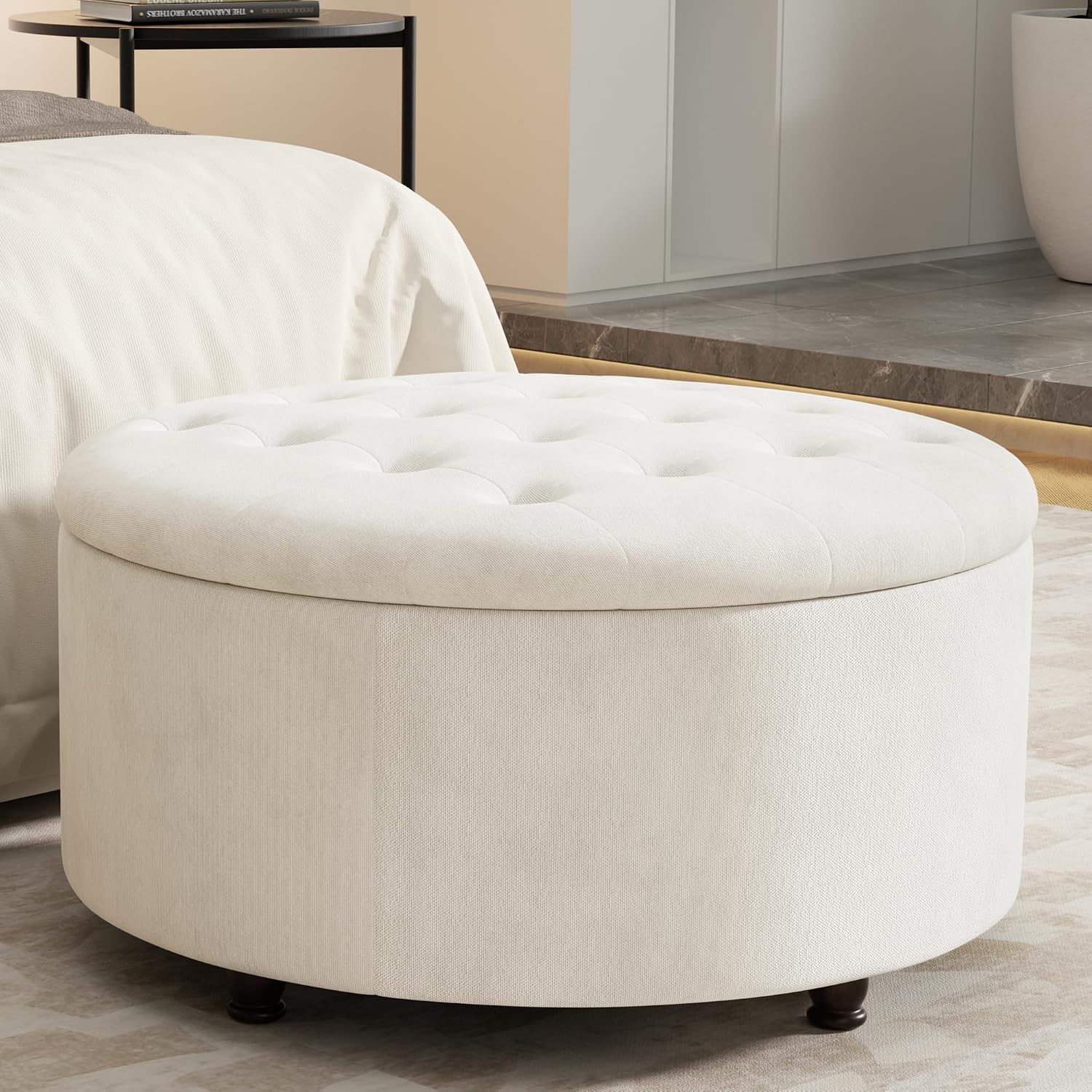 30 Inch Round Storage Ottoman,Modern Tufted Ottomans,Circular Coffee Table with Removable Top,Upholstered Large Ottoman with Storage Footrest Stool for Bedroom Living Room (White)