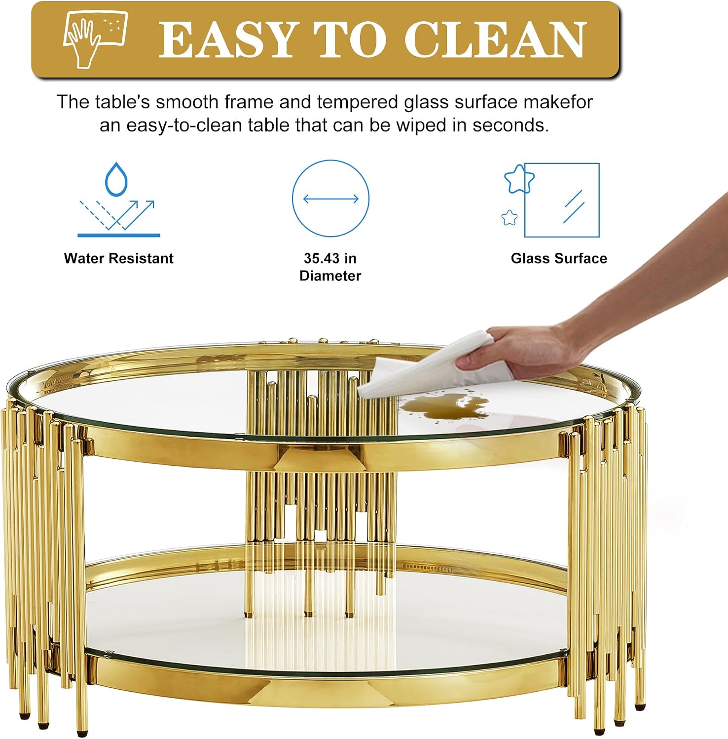 Round Glass Coffee Table Modern Living Room Table, 35.43' Gold Stainless Steel Leg Clear Tempered Glass, Circle Sofa Center Table Furniture for Home Apartment Office, Gold