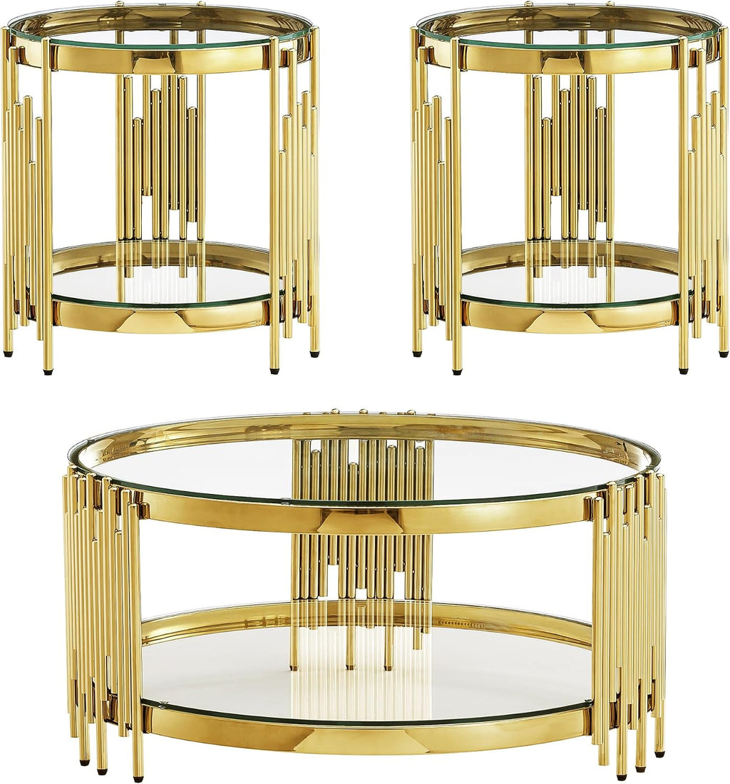 3 Piece Living Room Table Set with 1 Glass Coffee Table and 2 End Tables, 2 Tier Glass Coffee Table Set of 3 with Round Stainless Steel Legs and Tempered Glass Top, Gold/Clear