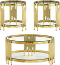 3 Piece Living Room Table Set with 1 Glass Coffee Table and 2 End Tables, 2 Tier Glass Coffee Table Set of 3 with Round Stainless Steel Legs and Tempered Glass Top, Gold/Clear