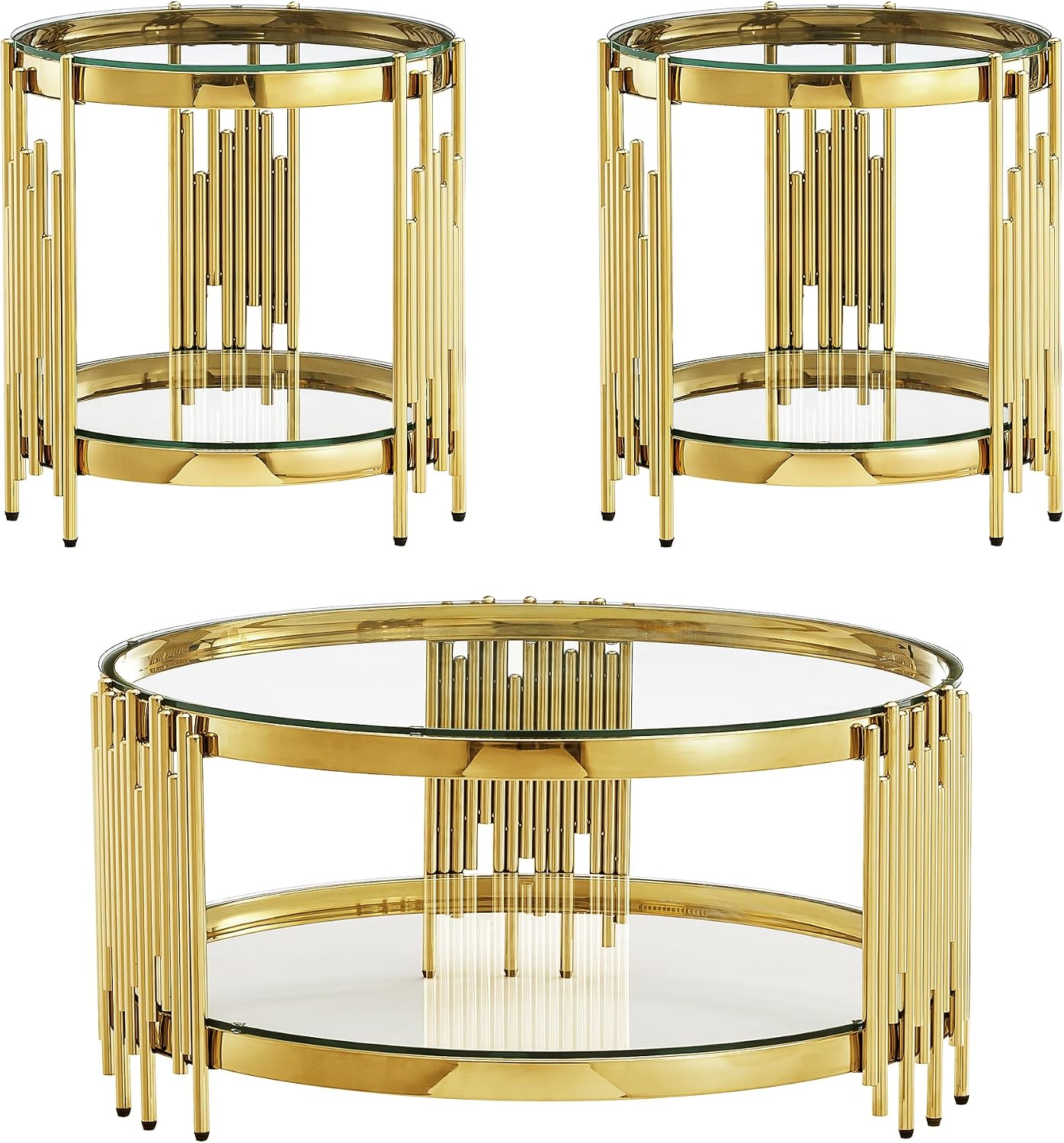 3 Piece Living Room Table Set with 1 Glass Coffee Table and 2 End Tables, 2 Tier Glass Coffee Table Set of 3 with Round Stainless Steel Legs and Tempered Glass Top, Gold/Clear