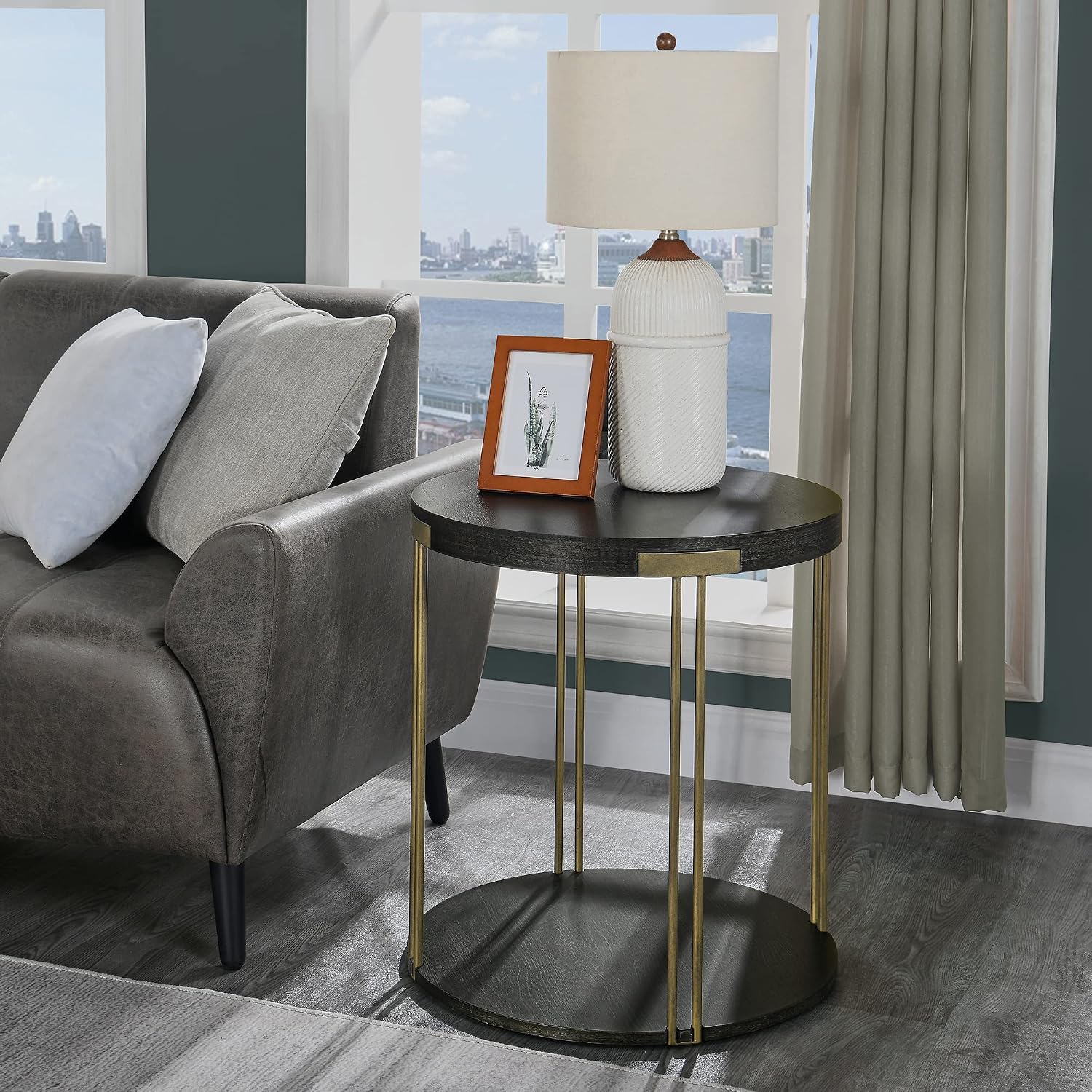 Biaco Modern Industrial Coffee Table Set of 3 - Living Room Furniture Set with Coffee, Side, and Console Tables - Antique Accent, Birch Veneer Texture & Gold Metal Legs, Brushed Black