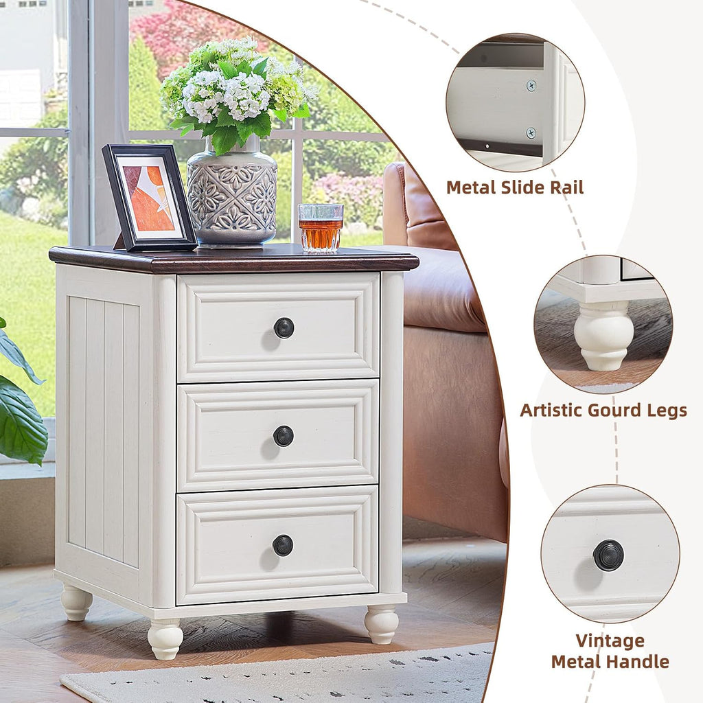Farmhouse Coffee Table and Night Stand Set of 3, Wood 48' Center Table and 18'' Wide Chest of Drawers, Roman Column Nightstand Set of 2, Coffee and end Tables Sets for Living Room,Hallway,White