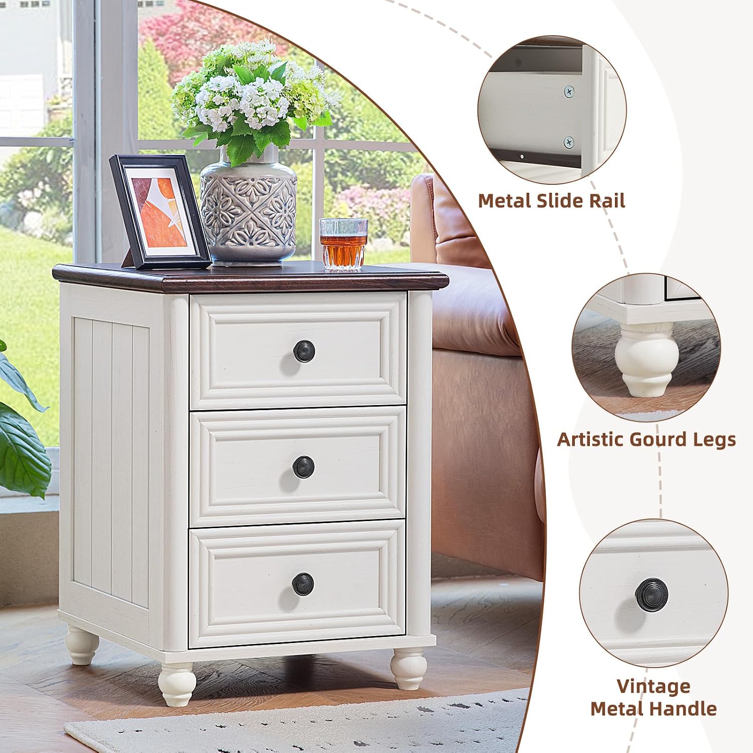 Farmhouse Coffee Table and Night Stand Set of 3, Wood 48' Center Table and 18'' Wide Chest of Drawers, Roman Column Nightstand Set of 2, Coffee and end Tables Sets for Living Room,Hallway,White