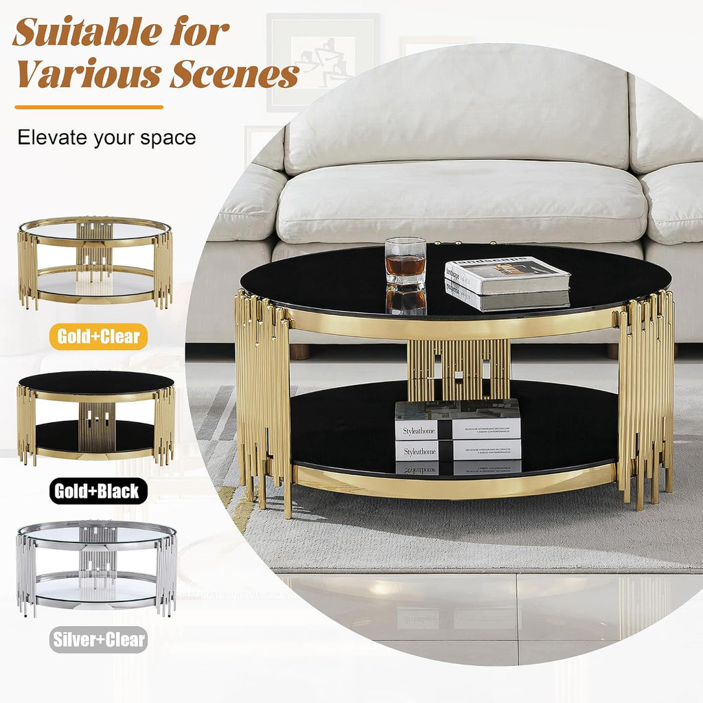 Round Glass Coffee Table Set of 3, Gold Living Room Table Set with Coffee Table and 2 End Table, 2-Tier Glass Table with Stainless Steel Legs and Black Tempered Glass for Living Room