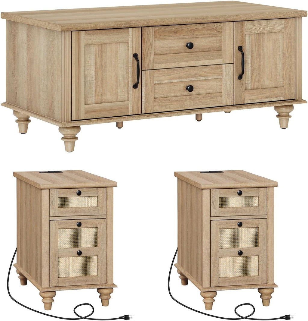 WAMPAT 3 Pieces Living Room Table Set, One Farmhouse Coffee Table with Storage Cabinet & Drawer, Set of 2 Rattan End Tables Nightstands with Charging Station, Oak