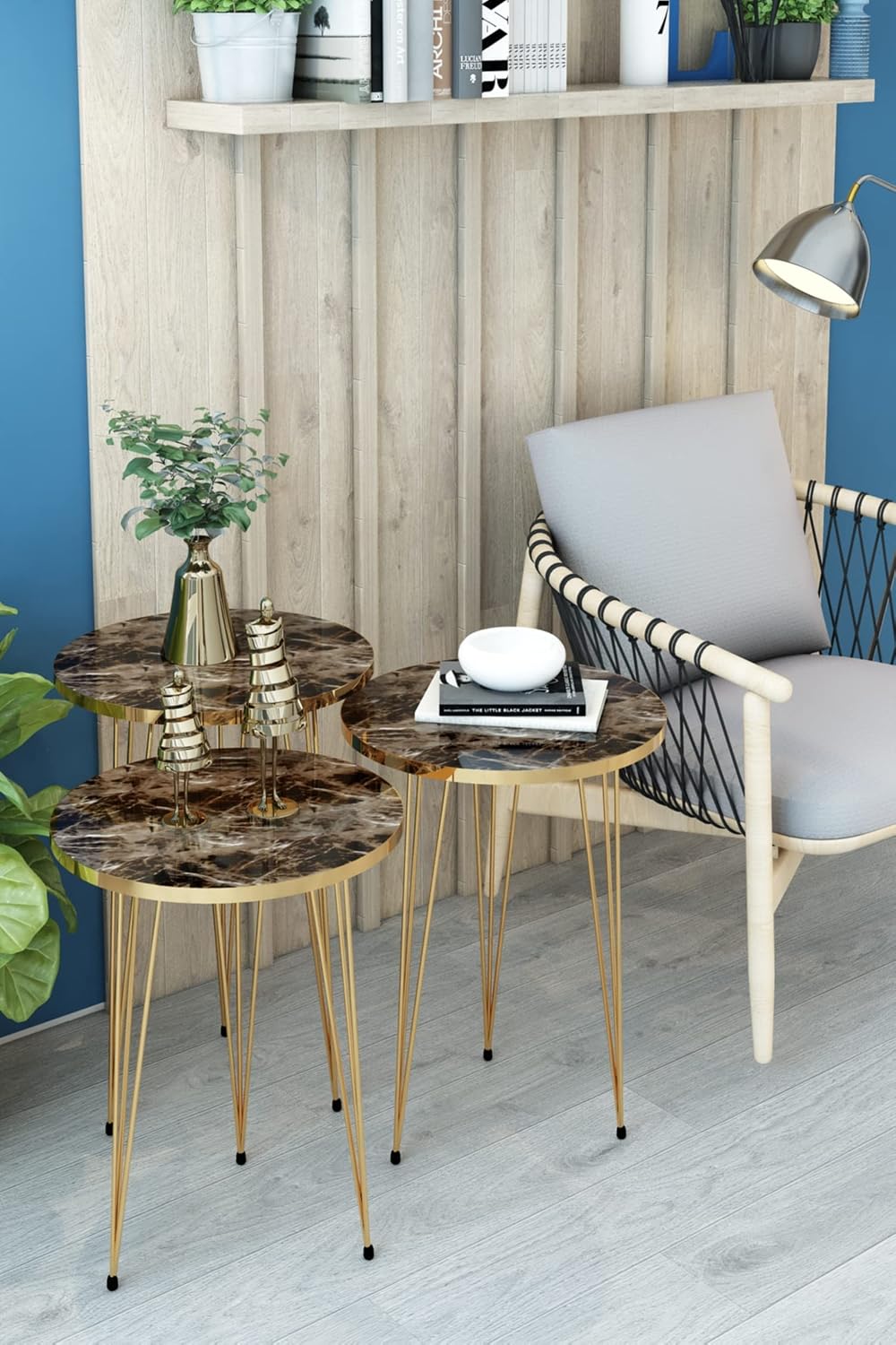 Set of 3 Nesting End Tables Round Wood Stacking Coffee Side Accent Sofa Table with Metal Legs for Living Room, Home Office, Nightstands for Bedroom (Brown Marble/Gold)