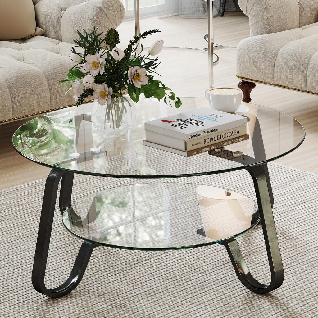 Rovibek Round Glass Coffee Table, 31.5 Modern Glass Coffee Tables with Storage and Metal Frame, 2-Tier Tempered Glass Top Small Center Table for Living Room, Easy Assembly, Black
