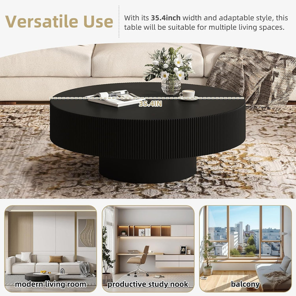 35.4' Wide Round Coffee Table with 6.8' Thick Tabletop, Easy Assembly, Modern Minimalist Wooden Fluted Center Table Black Drum End Table with Sturdy Base for Living Room or Bedroom