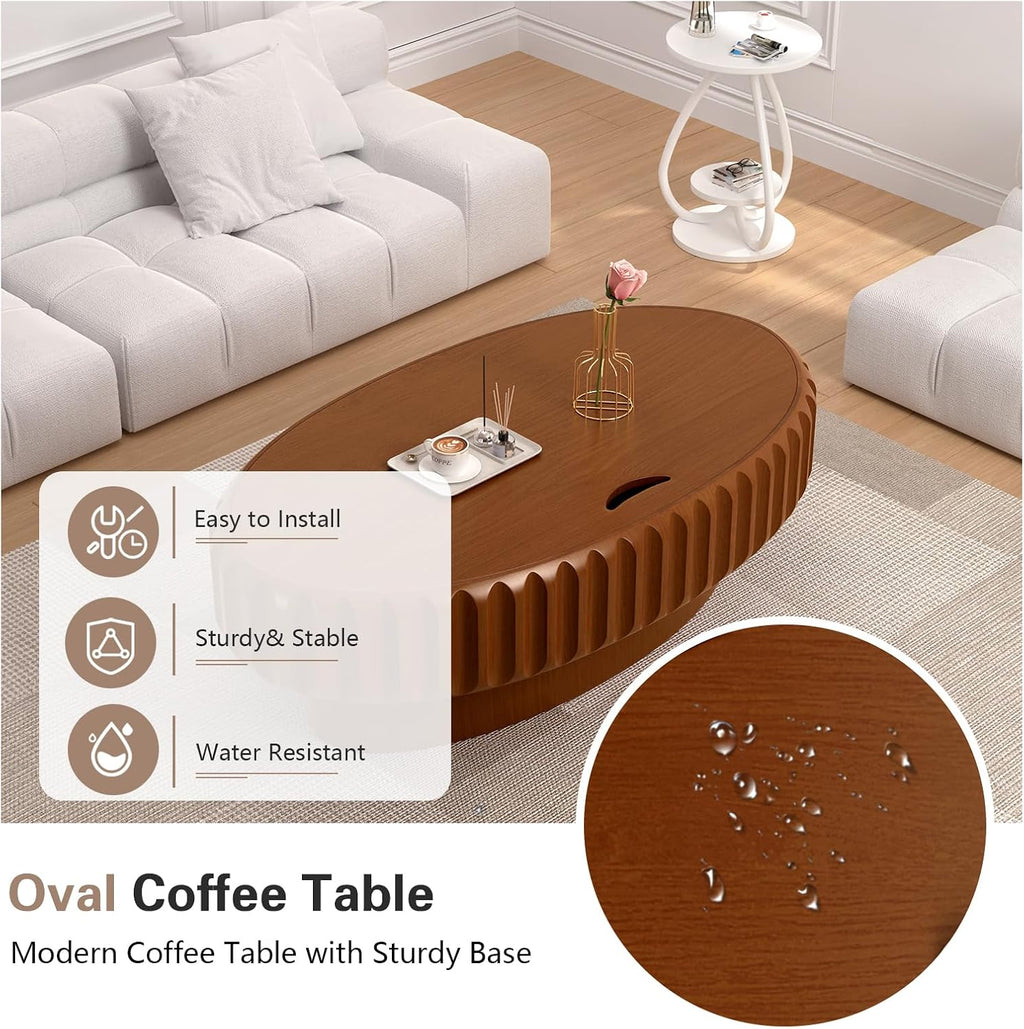 Round Drum Coffee Table White Fluted Coffee Table Circle Center Table Pedestal End Table for Apartment (Oval 43.3in)