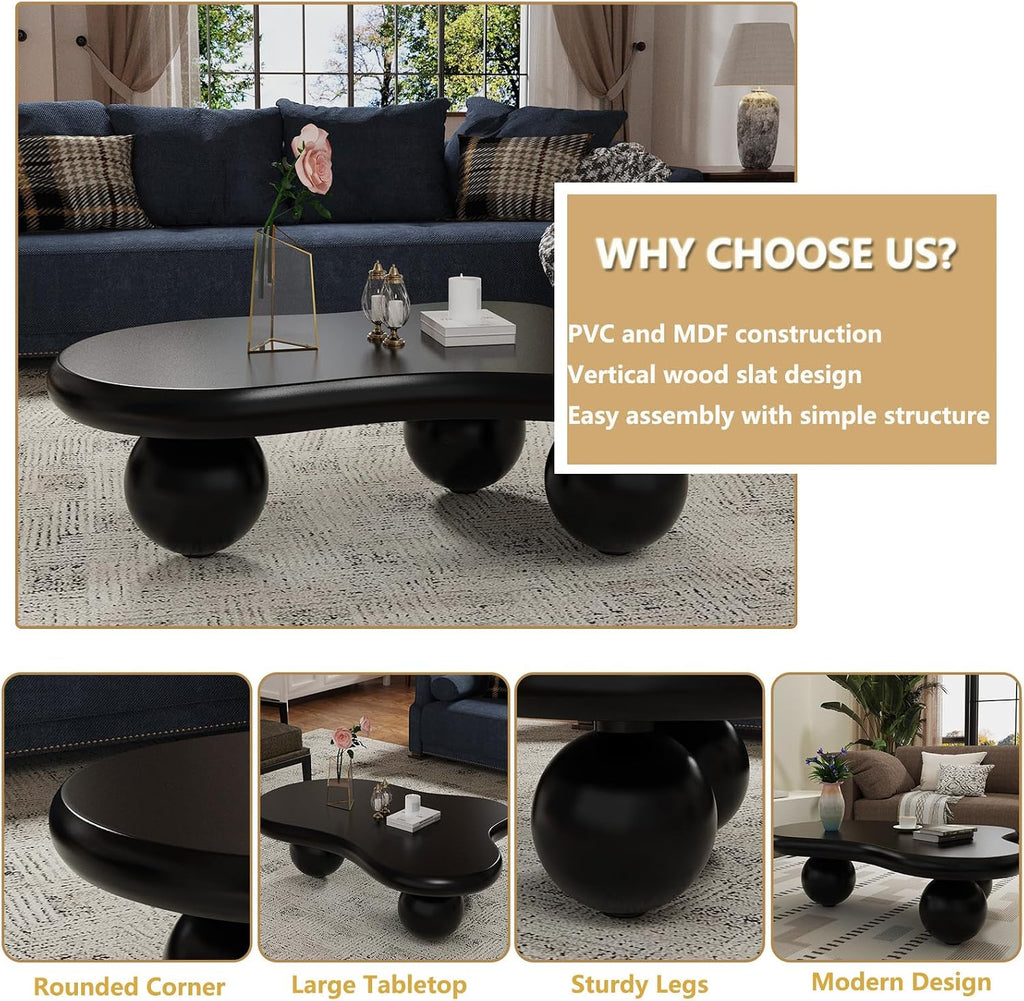 46' Black Cloud Shaped Coffee Table Irregular Coffee Table Cute Irregular Wooden Modern Center Tables with 3 Ball Legs for Bedroom Apartment, Living Room, Farmhouse (A46IN)