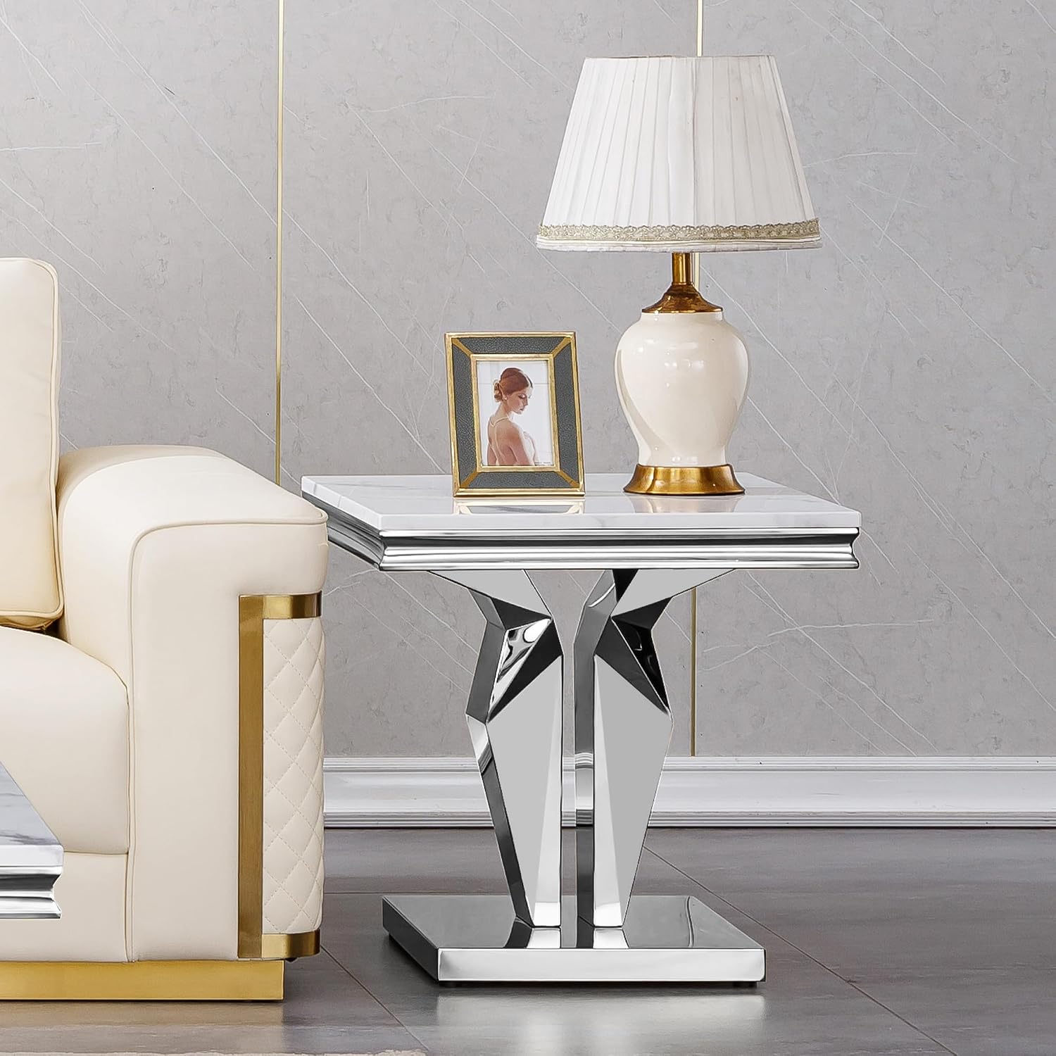 Henf 3 Piece Living Room Table Set, Faux Marble Coffee & Console & End Tables, Luxury White Gold Coffee Table Set of 3 with Mirrored Stainless Steel Base for Living Room Apartment