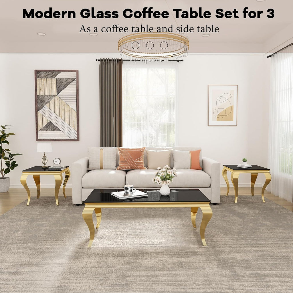 Glass Coffee Table Set of 3, Modern 3 Piece Living Room Set Include 1 Coffee Table and 2 End Tables, with Black Tempered Glass Top and Gold Stainless Steel Legs for Apartment