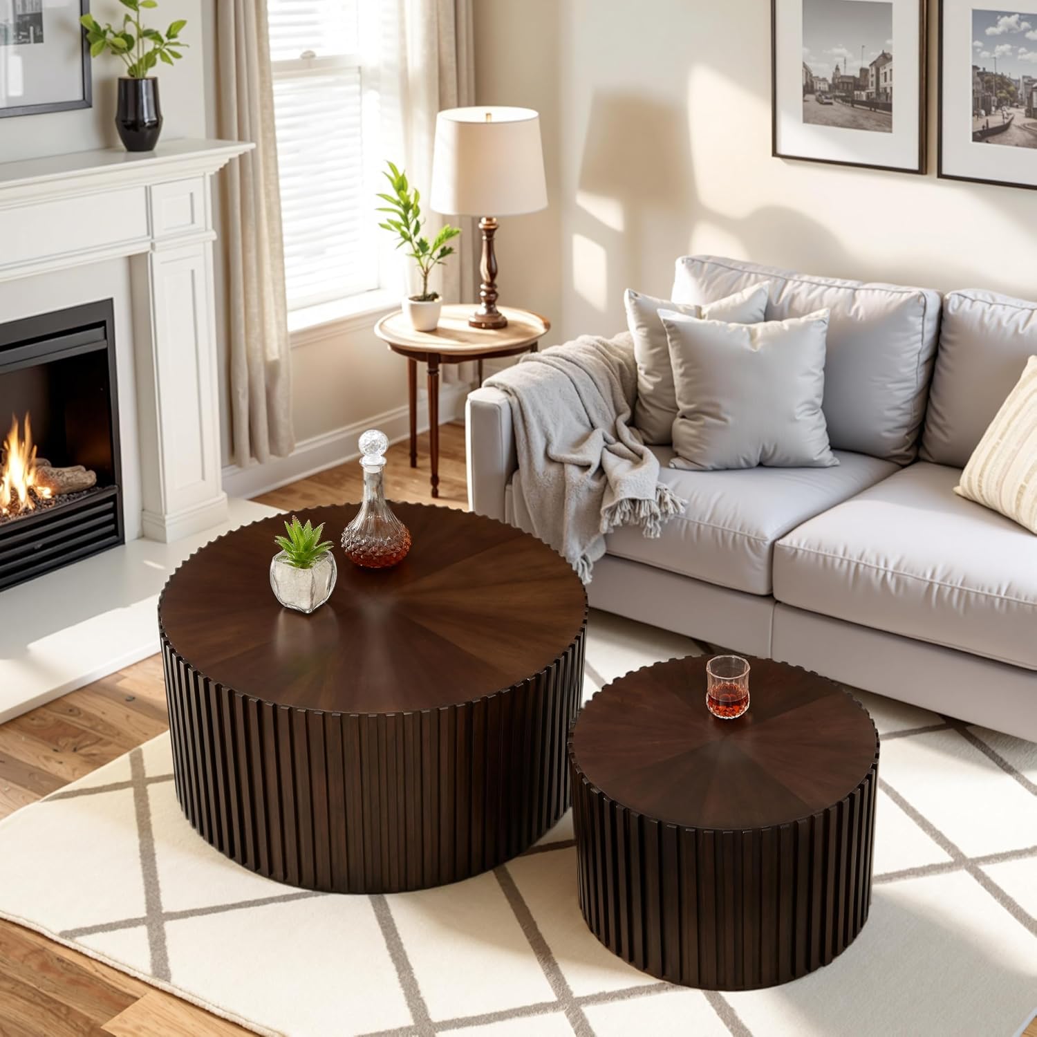 Round Wood Coffee Table Set of 2, Handcraft Drum Side Table End Table for Living Room, Modern Circle Wooden Coffee Table Set for Small Space, No Need Assembly(Deep Brown,31x31x16 in)