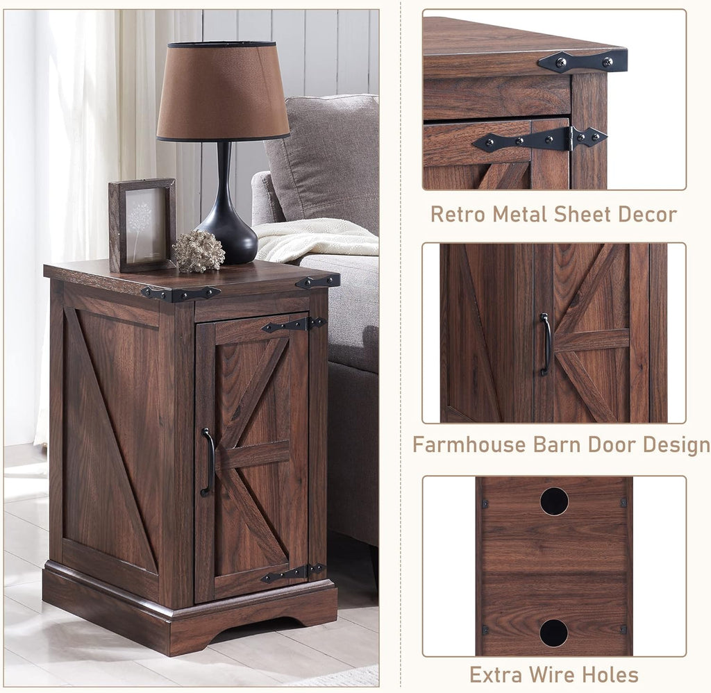 JXQTLINGMU Farmhouse Nightstand Set of 2 with Charging Station, 17' D Rectangular End Table with Barn Door & Adjustable Storage Shelf, Wood Rustic Sofa Side Table for Living Room, Bedroom, Brown