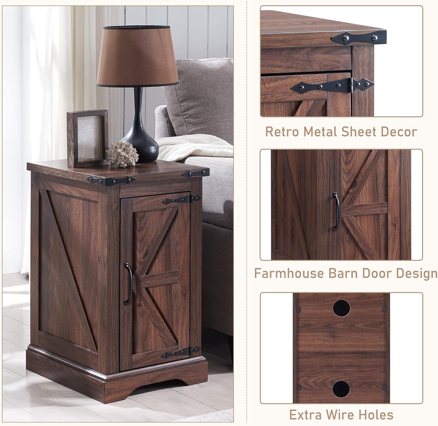 JXQTLINGMU Farmhouse Nightstand Set of 2 with Charging Station, 17' D Rectangular End Table with Barn Door & Adjustable Storage Shelf, Wood Rustic Sofa Side Table for Living Room, Bedroom, Brown