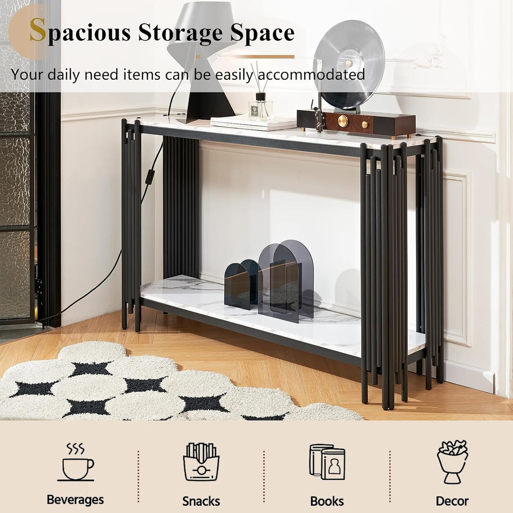 Elegant Marble Coffee Table Set of 2 White Faux Marble Coffee Table Console Table Set w/Black Metal Frame 2 Piece Living Room Table Set with 1 Rectangle Coffee Table & Sofa Table