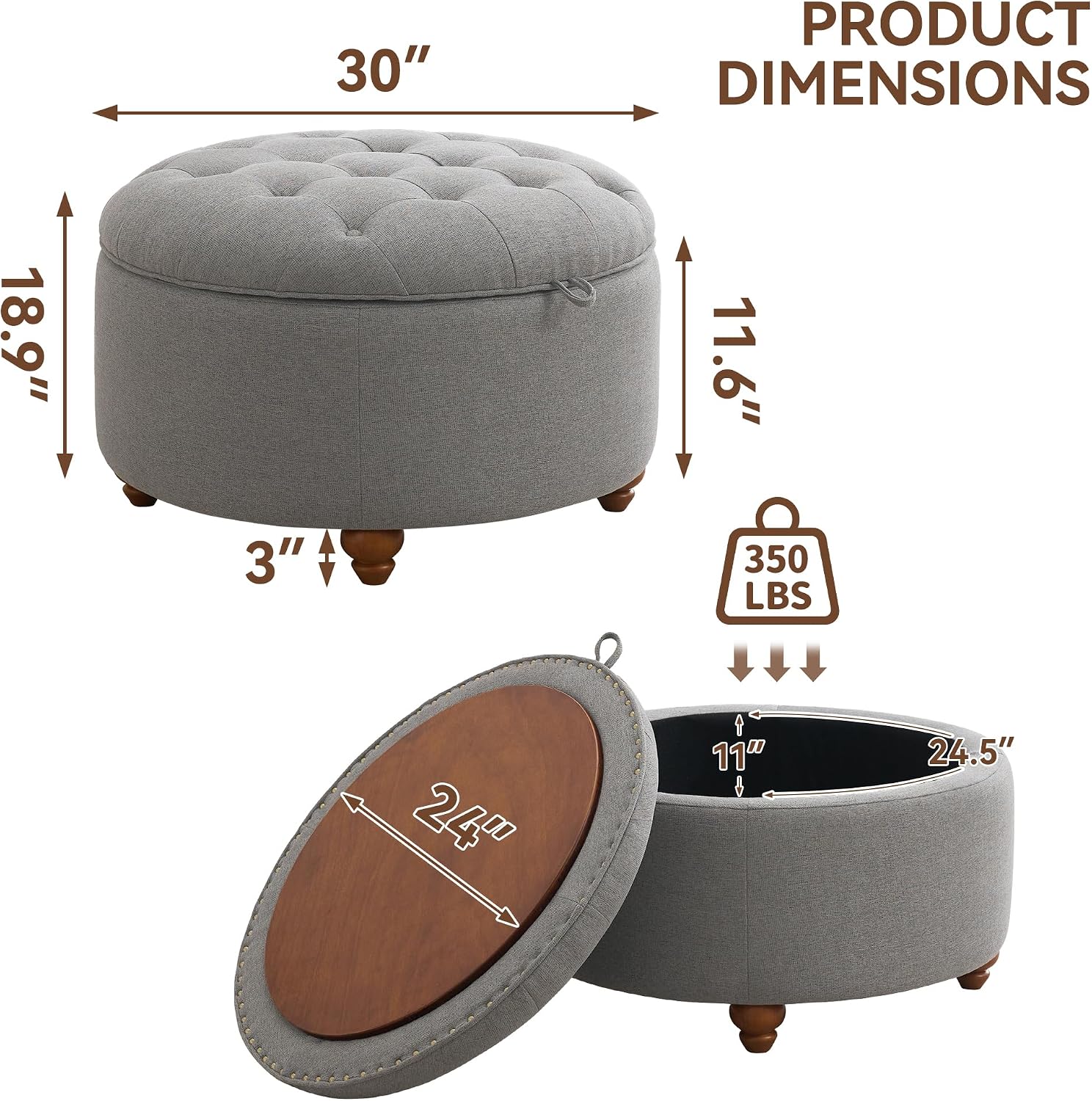 WUTUTUEE 30Inch Round Storage Ottoman with Tray, Modern Tufted Fabric Circle Coffee Table with Storage, Upholstered Ottoman with Removable Top for Living Room, Bedroom, Light Grey