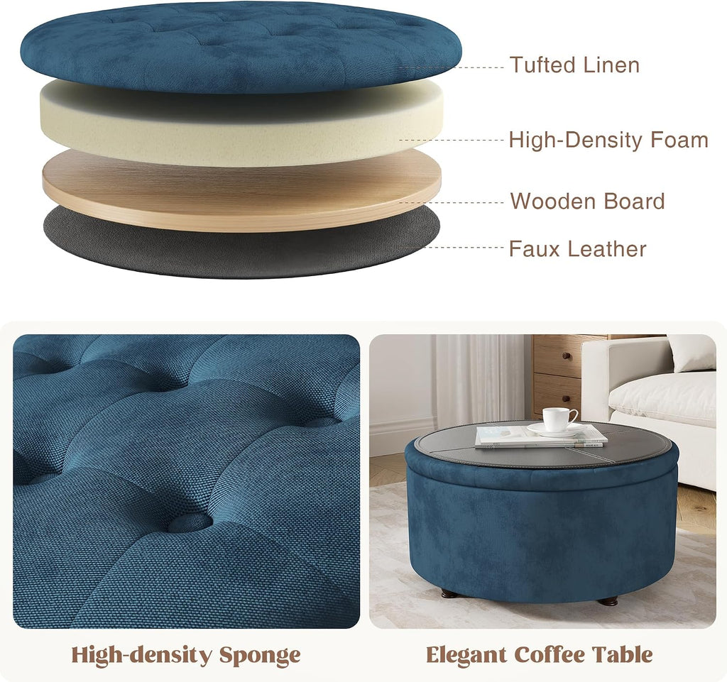 30 Inch Round Storage Ottoman,Modern Blue Tufted Ottomans,Circular Coffee Table with Removable Top,Upholstered Large Ottoman with Storage Footrest Stool for Bedroom Living Room (Blue)