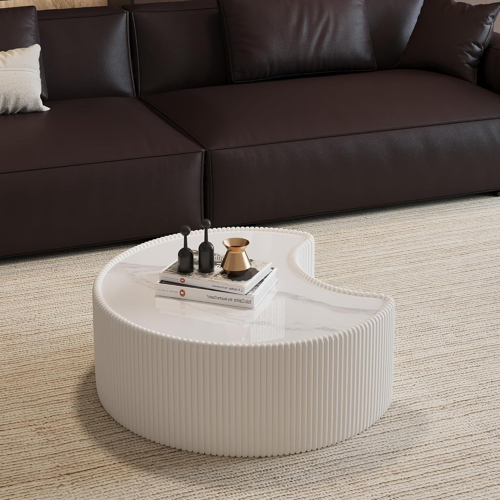 29.5' Irregular Shape Coffee Table, Light Grey Sintered Stone Top & Leather Modern Sofa Side Table, Unique Pattern, No Assembly Required White