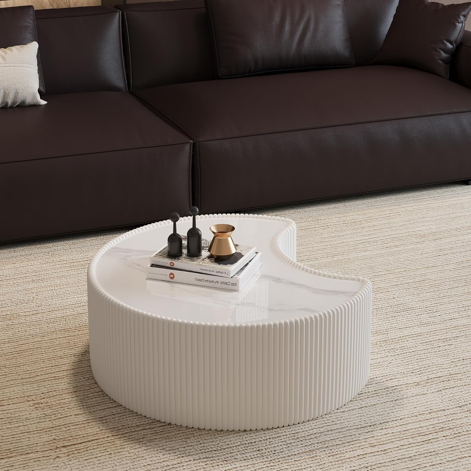 29.5' Irregular Shape Coffee Table, Light Grey Sintered Stone Top & Leather Modern Sofa Side Table, Unique Pattern, No Assembly Required White