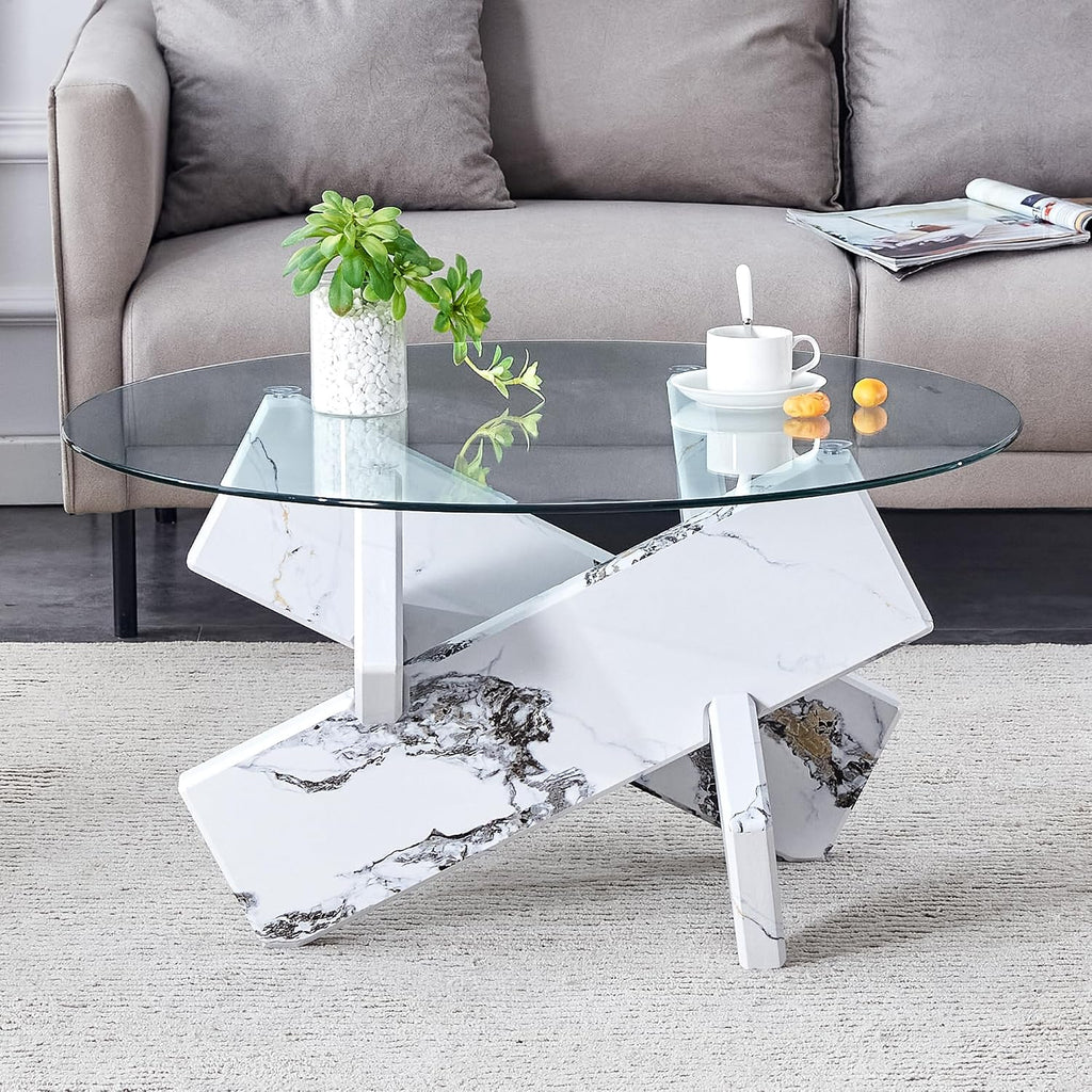 33.4'' Tempered Glass Round Coffee Table for Living Room, Modern Circle Coffee Table, Glass Tabletop & Wood Base, Easy Assembly, White