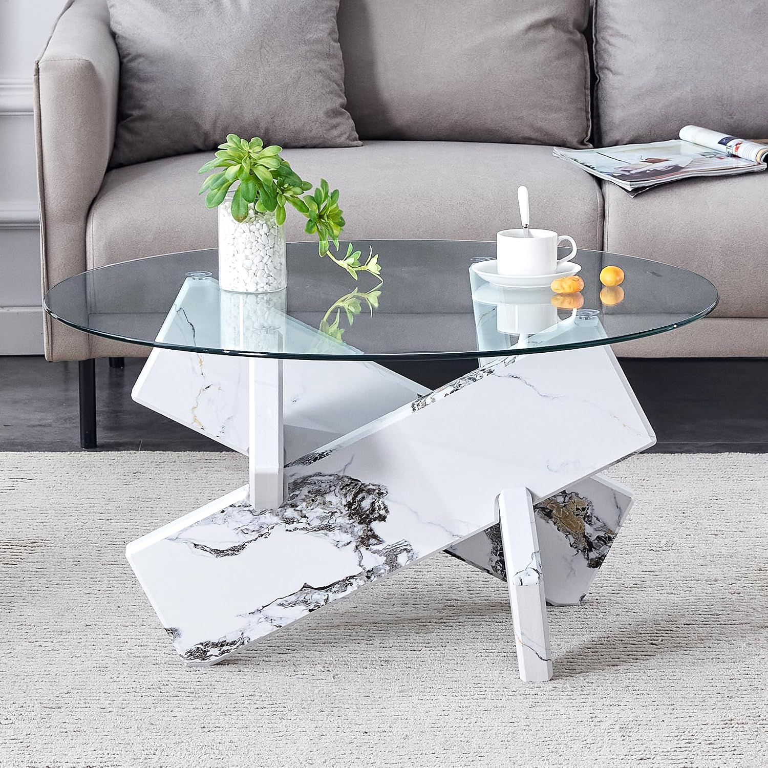 33.4'' Tempered Glass Round Coffee Table for Living Room, Modern Circle Coffee Table, Glass Tabletop & Wood Base, Easy Assembly, White