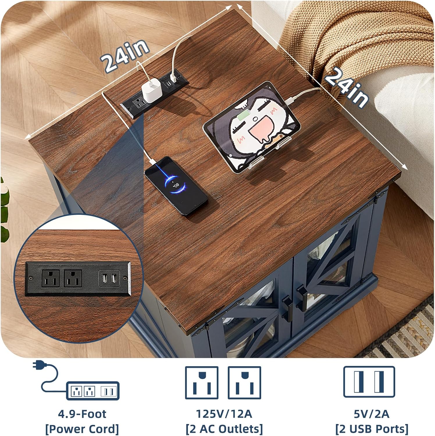 Joaxswe 24' End Table with Charging Station, Farmhouse Night Stand with Glass Barn Door, White Nightstands with Adjustable Storage Shelf, Large Wood Square Bed Side Table for Living Room,Bedroom